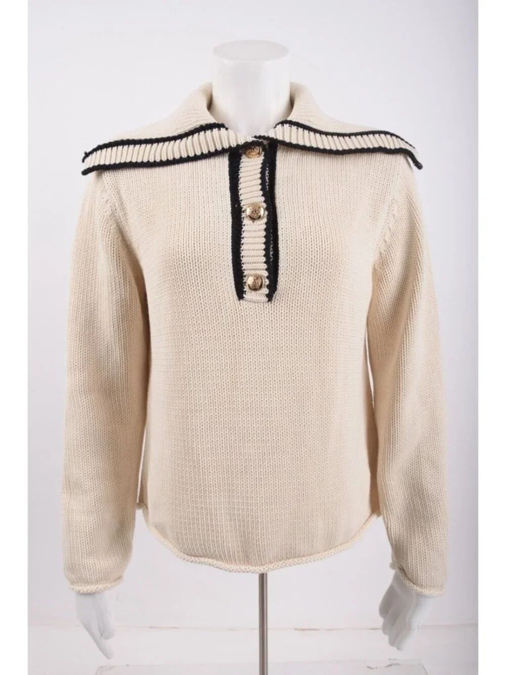 Massimo Dutti Womens Sweater M Ivory Knit Sailor Collar Pullover 5634/630 NWT